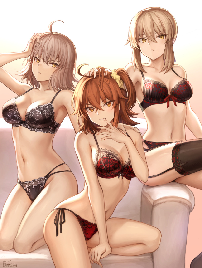 bra cleavage fate/grand_order female_protagonist_(fate/grand_order) jeanne_d'arc jeanne_d'arc_(alter)_(fate) lingerie mashu_(003) pantsu saber saber_alter stockings string_panties tagme thighhighs