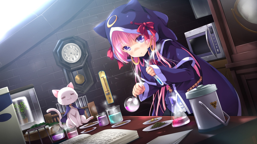 biohazard_symbol blue_eyes chemistry feline female flask game_cg hhg_megami_no_shuuen hood hyper_highspeed_genius indoors innertube long_hair long_sleeves nanase_meruchi pink_hair radiation_symbol sally_kirimiya steam swim_ring table test_tube white_cat