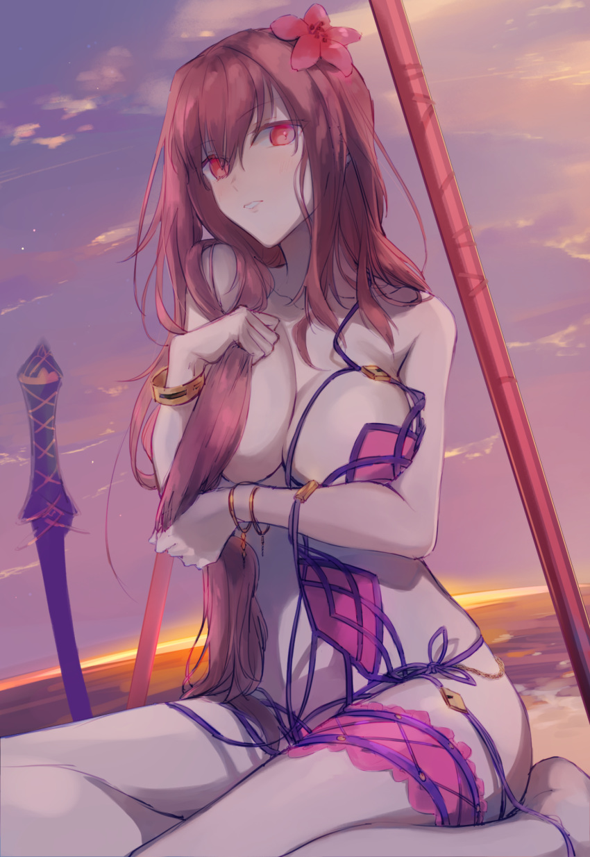 ashita_kura bad_id bad_twitter_id bare_shoulders beach bikini blush breasts commentary fate/grand_order fate_(series) female hair_censor hair_ornament highres large_breasts red_eyes red_hair scathach_(fate) scathach_(swimsuit_assassin)_(fate) sitting solo sunset swimsuit thigh_strap wardrobe_malfunction yokozuwari