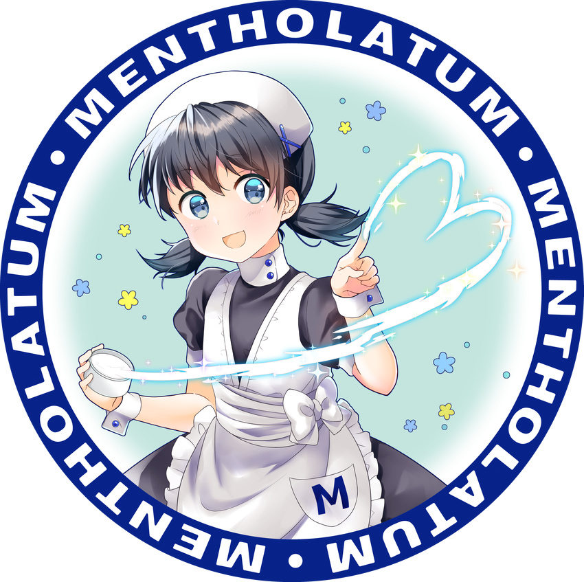 :d absurdres black_hair blue_eyes border commentary_request female hair_ornament hat highres index_finger_raised little_nurse looking_at_viewer mentholatum nekosugi_(hoshi) nurse_cap open_mouth round_image short_twintails smile solo standing twintails x_hair_ornament