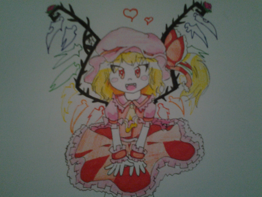 blonde_hair dress fangs female flandre_scarlet grey_background hat hat_ribbon heart highres looking_at_viewer mob_cap music-lovette123 open_mouth red_eyes ribbon seiza short_hair short_sleeves sitting solo touhou traditional_media wings wrist_cuffs