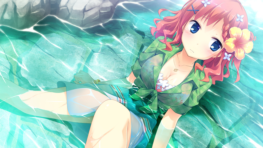 blue_eyes breasts cleavage game_cg koisuru_natsu_no_last_resort maki_shiori mottsun necklace pulltop red_hair see_through short_hair water wet