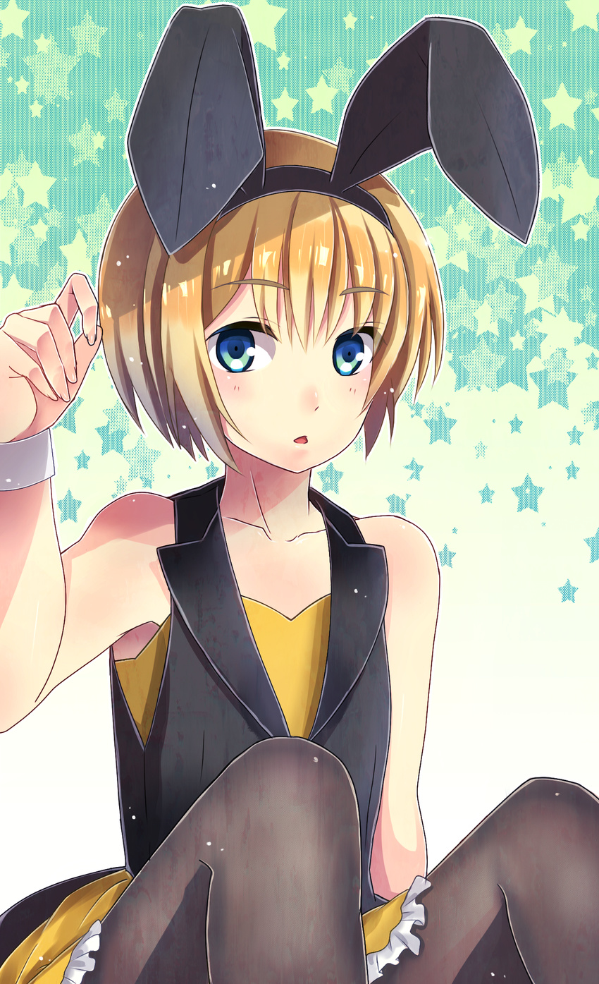 1boy animal_ears armin_arlert blonde_hair blue_eyes commentary_request crossdressing highres male_focus male_playboy_bunny miu91_(miu91_) otoko_no_ko pantyhose playboy_bunny rabbit_ears shingeki_no_kyojin short_hair solo usamin wrist_cuffs