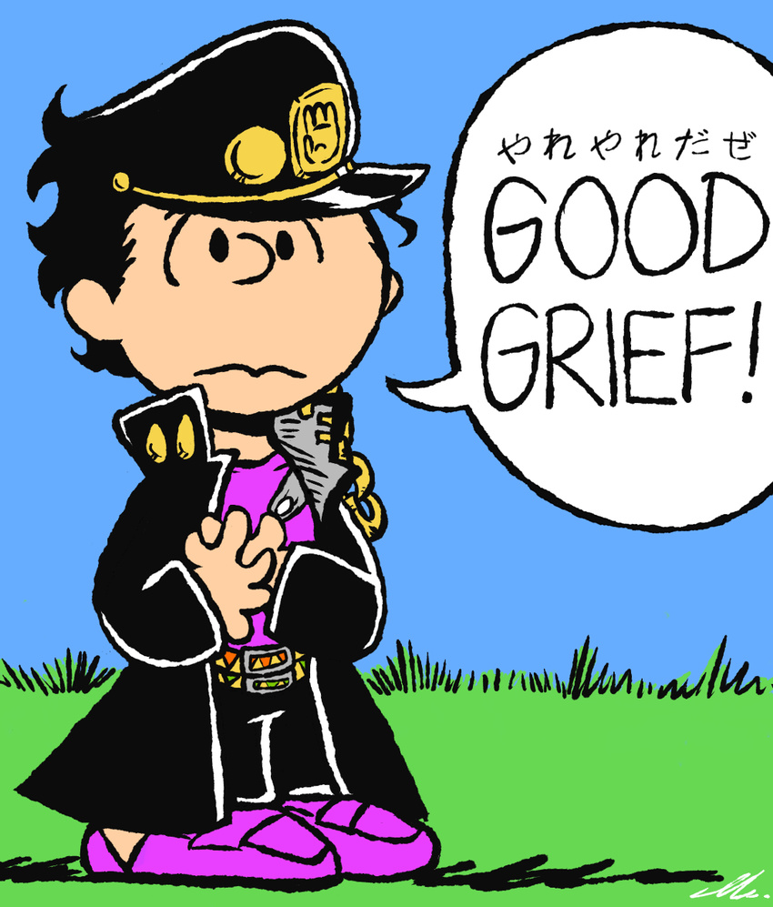 charles_schulz_(style) cosplay english hat highres jojo_no_kimyou_na_bouken kuujou_joutarou leomodesto long_coat male_focus parody peanuts solo style_parody visor_cap