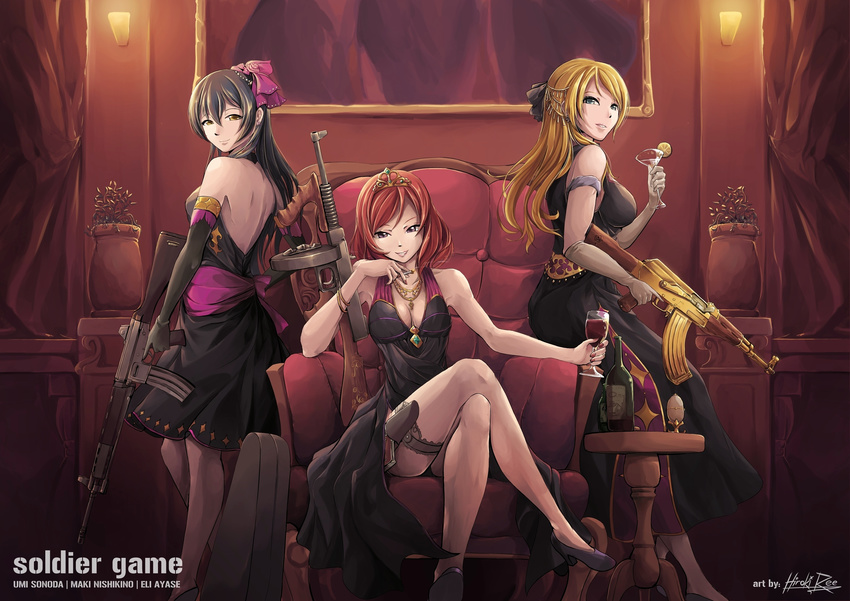 3girls absurdres ak-47 alcohol arm_at_side armlet artist_name assault_rifle ayase_eli bare_arms bare_shoulders between_fingers black_dress black_footwear black_gloves black_panties blonde_hair blue_eyes bottle bow bracelet breasts character_name cigarette cleavage closed_mouth commentary_request copyright_name couch crossed_legs cup curtains dress drink drinking_glass elbow_gloves food formal fringe_trim fruit gem gloves grin gun hair_between_eyes hair_ornament hairbow half_updo halterneck handgun high_heels highres hiroki_ree holding holding_gun holding_weapon holster howa_type_89 indoors jewelry kalashnikov_rifle lamp large_breasts lemon lemon_slice long_dress long_hair looking_at_viewer love_live! love_live!_school_idol_project m1911 medium_breasts multiple_girls necklace nishikino_maki panties pantyshot picture_frame plant portrait_(object) purple_eyes red_hair rifle sash scrunchie shoes short_dress signature sitting sleeveless sleeveless_dress smile smoke soldier_game sonoda_umi standing submachine_gun table thigh_holster thigh_strap thompson_submachine_gun tiara trigger_discipline underwear vase wall weapon white_gloves wine wine_bottle wine_glass yellow_eyes