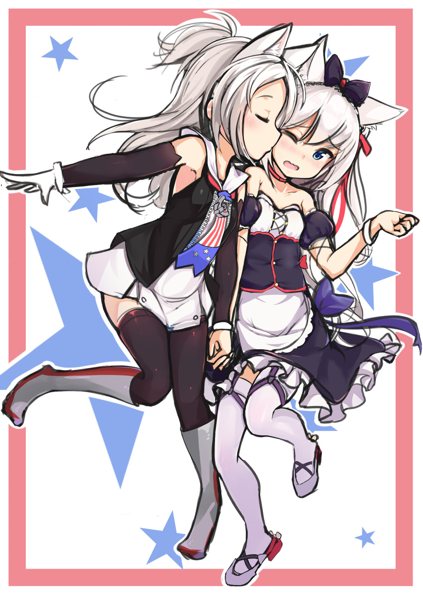 2girls absurdres animal_ears apron azur_lane bare_shoulders black_bow black_dress black_jacket black_thighhighs blue_bow blush boots bow cat_ears closed_eyes closed_mouth commentary detached_sleeves dress frilled_dress frills green_eyes grey_footwear grey_hair hair_between_eyes hair_ribbon hairbow hammann_(azur_lane) hammann_(retrofit)_(azur_lane) hand_up highres holding_hands j_young jacket kissing kissing_cheek knee_boots long_hair long_sleeves multiple_girls one_eye_closed one_side_up open_clothes open_jacket open_mouth puffy_short_sleeves puffy_sleeves red_ribbon revision ribbon short_sleeves sims_(azur_lane) strapless strapless_dress thighhighs very_long_hair waist_apron white_apron white_dress white_thighhighs wrist_cuffs yuri