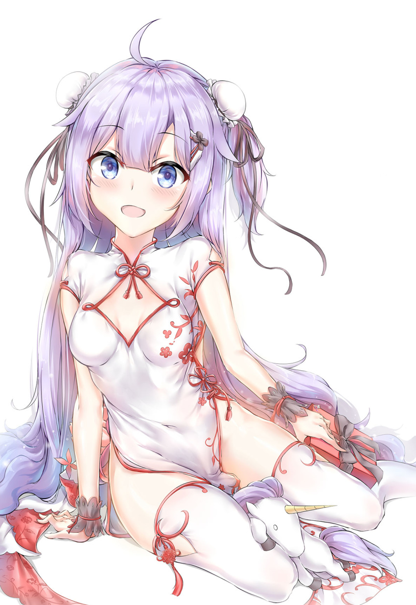 ahoge arm_warmers azur_lane black_ribbon blush box breasts bun_cover china_dress chinese_clothes commentary double_bun dress female gift gift_box hair_between_eyes hair_bun highres holding holding_gift long_hair looking_at_viewer official_alternate_costume pelvic_curtain purple_eyes purple_hair ribbon short_sleeves simple_background small_breasts solo stuffed_animal stuffed_toy stuffed_winged_unicorn thighhighs thighs unicorn_(azur_lane) unicorn_(the_gift_of_spring)_(azur_lane) very_long_hair white_background white_dress white_thighhighs wrist_cuffs xin_(zinc)