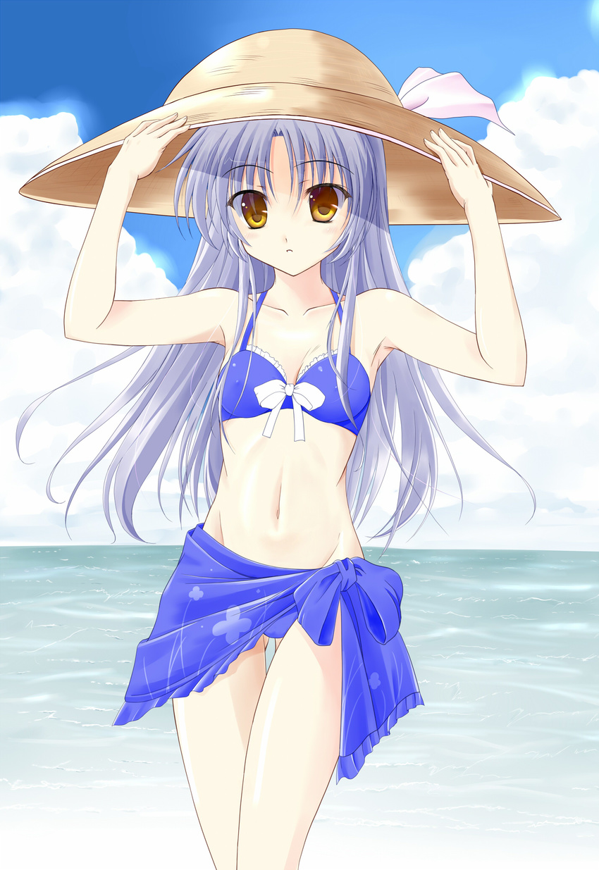 angel_beats! beach bikini blue_hair blue_sarong commentary_request day female hat highres long_hair md5_mismatch print_sarong resolution_mismatch sarong solo souda_shinme sun_hat swimsuit tachibana_kanade yellow_eyes