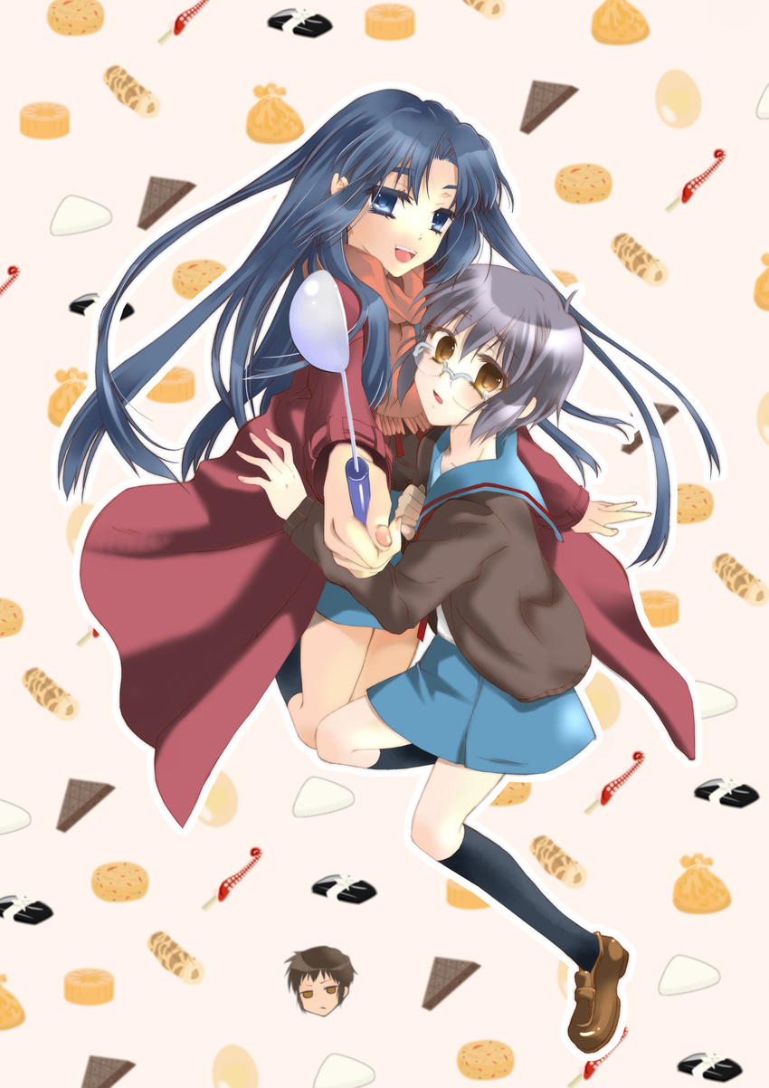 2girls absurdres asakura_ryouko blue_eyes blue_hair blue_sailor_collar cardigan coat commentary_request food glasses highres kita_high_school_uniform kyon ladle long_hair multiple_girls nagato_yuki oden purple_hair sailor_collar scarf school_uniform serafuku short_hair suzumiya_haruhi_no_shoushitsu suzumiya_haruhi_no_yuuutsu winter_uniform ziki