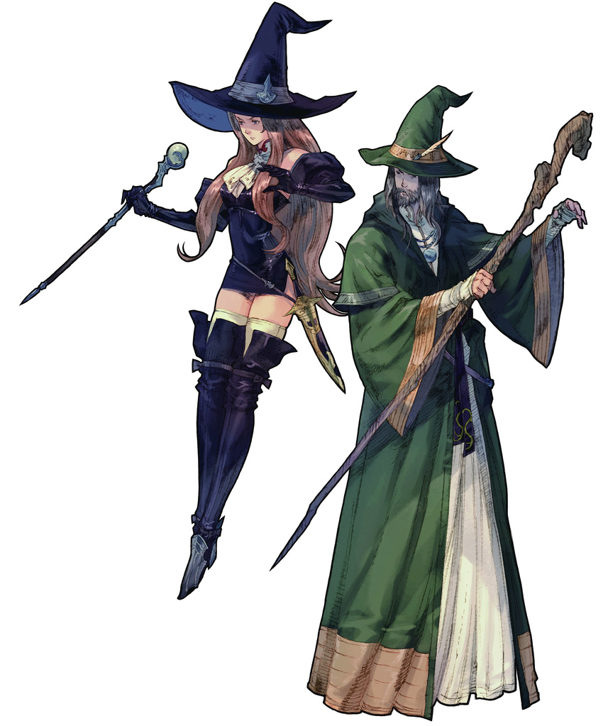 1boy absurdres beard boots elbow_gloves facial_hair female gloves hat highres long_hair masao_tsubasa official_art simple_background skirt staff standing tactics_ogre thigh_boots thighhighs wand weapon witch witch_(tactics_ogre) witch_hat wizard yoshida_akihiko