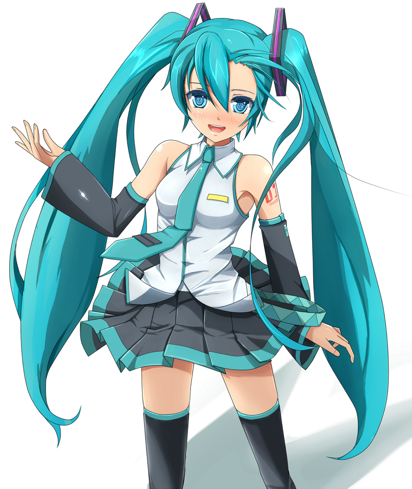 aqua_eyes aqua_hair bare_shoulders detached_sleeves eto hair_ornament hatsune_miku highres long_hair nail_polish necktie open_mouth solo sukesan thighhighs twintails very_long_hair vocaloid zettai_ryouiki