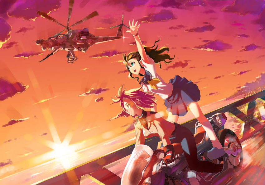 2girls aircraft arm_up brown_hair cloud commentary_request green_eyes gun helicopter highres long_hair mi-28 motor_vehicle motorcycle multiple_girls multiple_riders ocean original photoshop_(medium) rinz school_uniform serafuku standing sun twilight water weapon