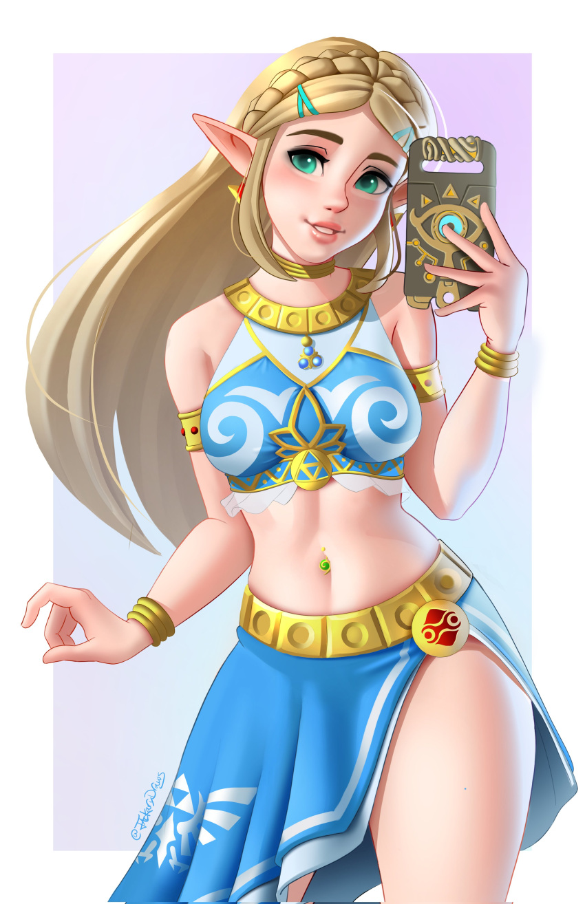 1girls absurd_res alternate_costume blonde_hair breath_of_the_wild earrings female gerudo_link_(cosplay) gerudo_outfit gerudo_top green_eyes hylian jackary_draws long_hair navel_piercing nintendo persian_clothing princess_zelda sheikah_slate solo swana_clothing tagme the_legend_of_zelda zelda_(breath_of_the_wild)