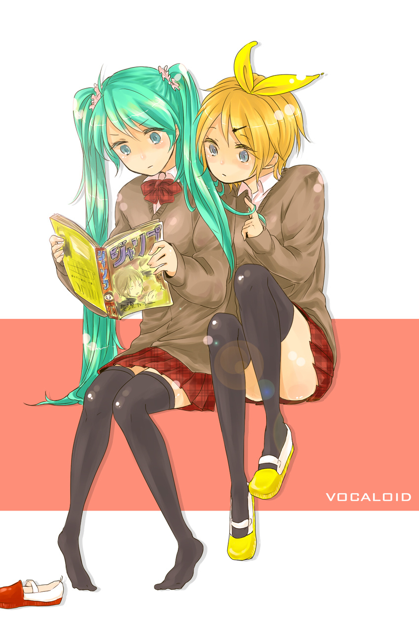 2girls bad_id bad_pixiv_id blonde_hair bow bowtie hair_ornament hairclip hatsune_miku highres kagamine_rin kurashiki_(kas0) long_hair magazine_(object) multiple_girls reading school_uniform shoes shounen_jump sitting sweater thighhighs twintails twirling_hair uwabaki very_long_hair vocaloid