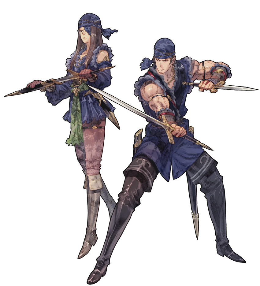 1boy absurdres bandana boots brown_hair dual_wielding female gloves highres holding knife long_hair masao_tsubasa official_art photoshop_(medium) rogue_(tactics_ogre) sheath simple_background standing sword tactics_ogre thigh_boots thighhighs weapon yoshida_akihiko