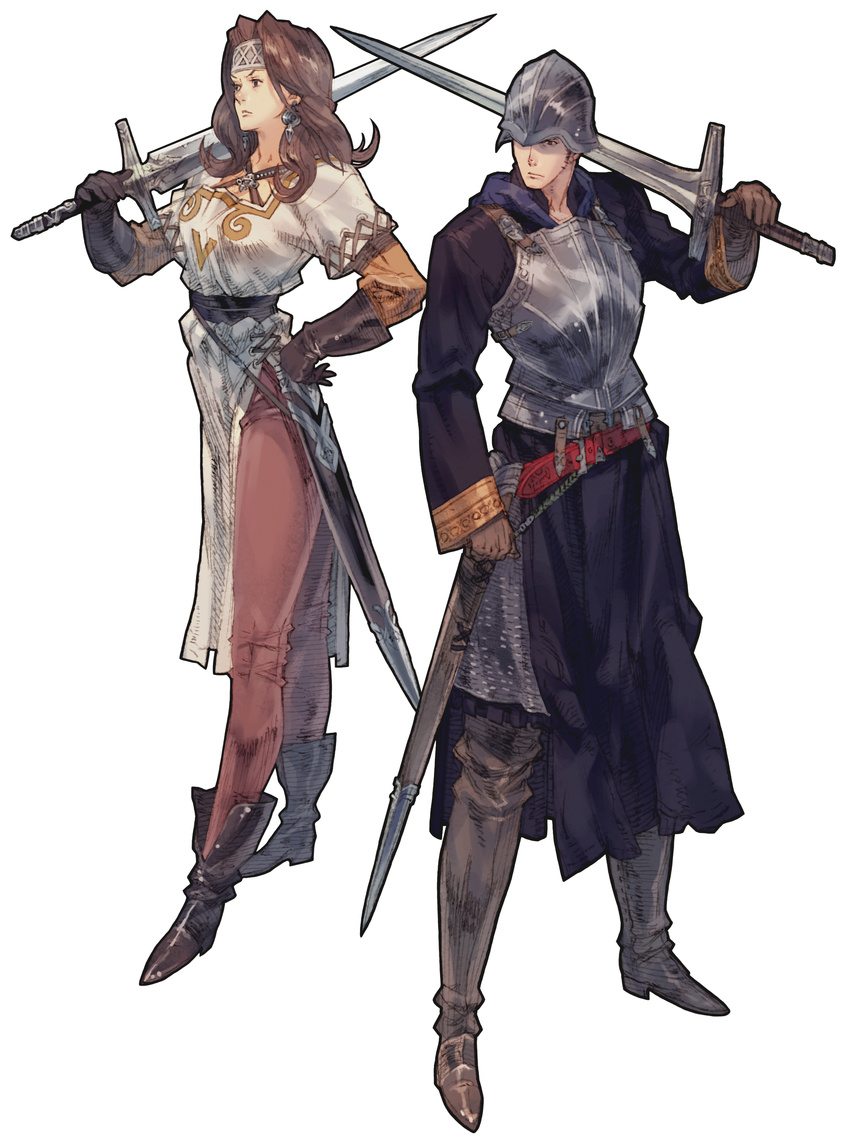 1boy absurdres armor boots brown_hair earrings female fighter_(tactics_ogre) gloves helmet highres jewelry long_hair long_sleeves masao_tsubasa official_art photoshop_(medium) simple_background standing sword tactics_ogre weapon yoshida_akihiko