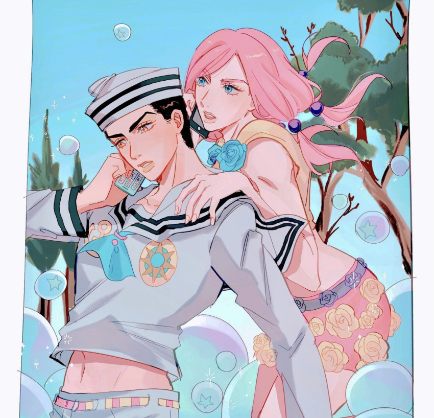 1boy black_hair blue_eyes bubble cellphone dixie_cup_hat female flower flower_skirt hair_bobbles hair_ornament hat higashikata_josuke_(jojolion) highres hirose_yasuho holding holding_phone jojo_no_kimyou_na_bouken jojolion long_hair long_sleeves midriff_peek military_hat oratoza outdoors pants parted_lips phone pink_hair sailor shirt skirt talking_on_phone white_pants