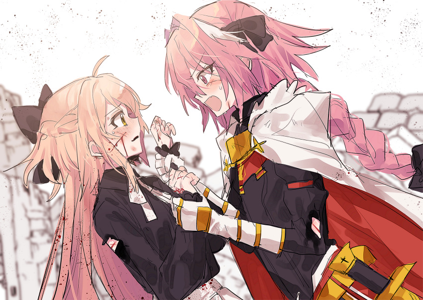 1boy astolfo_(fate) bad_id bad_pixiv_id blonde_hair blood blood_on_clothes blood_on_face facing_another fate/apocrypha fate_(series) female highres korean_commentary koyashaka liss_meier_(koyashaka) long_hair long_sleeves multicolored_hair original otoko_no_ko pink_hair purple_eyes shouting straight torn_clothes white_background white_hair yellow_eyes