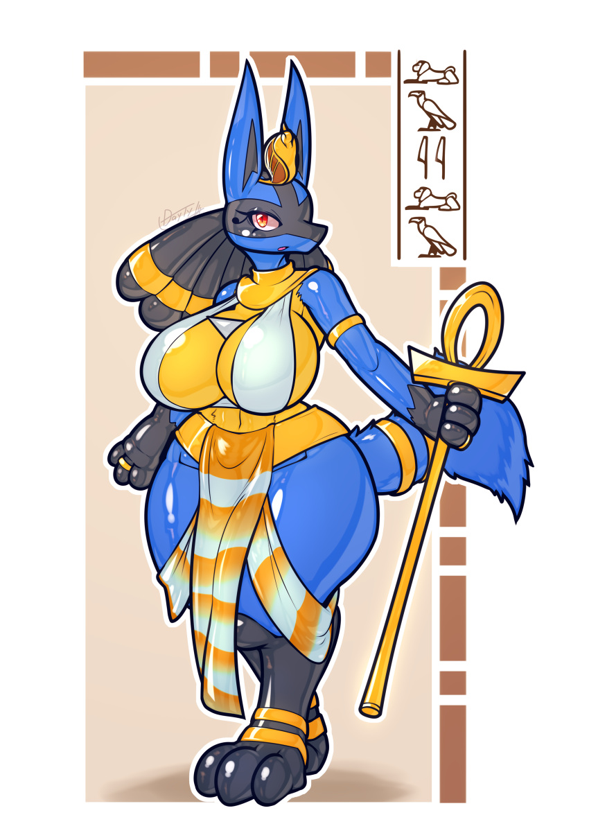 3_fingers 3_toes absurd_res anthro big_breasts black_body blue_body blue_ears blue_fur blue_tail bottomwear breasts canid cleavage clothed clothing colored curvy_figure day-t digital_drawing_(artwork) digital_media_(artwork) digitigrade egyptian egyptian_clothing feet female fingers full-length_portrait fur generation_4_pokemon glistening glistening_body hi_res hieroglyphics holding_object holowear_(pokemon) huge_breasts loincloth lucario mammal nintendo pokemon pokemon_(species) pokemon_unite portrait ruins_style_lucario solo standing tail thick_thighs three-quarter_view toes voluptuous wide_hips yellow_body yellow_breasts