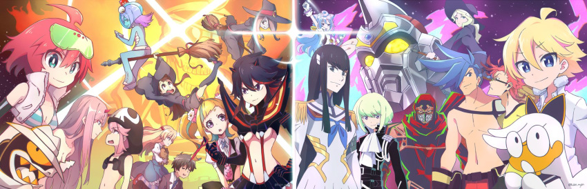 6+boys 6+girls ahoge alpha_omega_nova andou_jurai aqua_skin arm_up bikini black_eyes black_hair blonde_hair blue_eyes blue_hair blue_neckwear breasts bright_pupils broom broom_riding closed_mouth commentary company_connection crossover darling_in_the_franxx diana_cavendish elbow_gloves english_commentary fujikido_kenji galo_thymos gloves green_eyes green_hair gridman_(character) gridman_(ssss) gridman_universe hacka_doll hacka_doll_3 hair_between_eyes hair_over_one_eye hat highres himeki_chifuyu hood hood_up inferno_cop inferno_cop_(character) inou-battle_wa_nichijou-kei_no_naka_de jakuzure_nonon kagari_atsuko kill_la_kill kiryuuin_satsuki kiznaiver kukie-nyan lio_fotia little_witch_academia long_hair looking_at_another looking_at_viewer looking_up machspeed_(character) mask matoi_ryuuko mecha midori_(uchuu_patrol_luluco) multicolored_hair multiple_boys multiple_crossover multiple_girls navel niiyama_nico ninja ninja_slayer open_mouth otoko_no_ko pectorals pink_hair promare red_hair robot se-chan sex_&_violence_with_machspeed shirt short_hair sidelocks skull smile spiked_hair ssss.gridman standing stuffed_toy sucy_manbavaran sunglasses swimsuit tenga_hajime thick_eyebrows trigger-chan trigger_(company) twintails twitter_username two-tone_hair uchuu_patrol_luluco underboob v-shaped_eyebrows white_pupils witch_hat yellow_shirt zero_two_(darling_in_the_franxx)