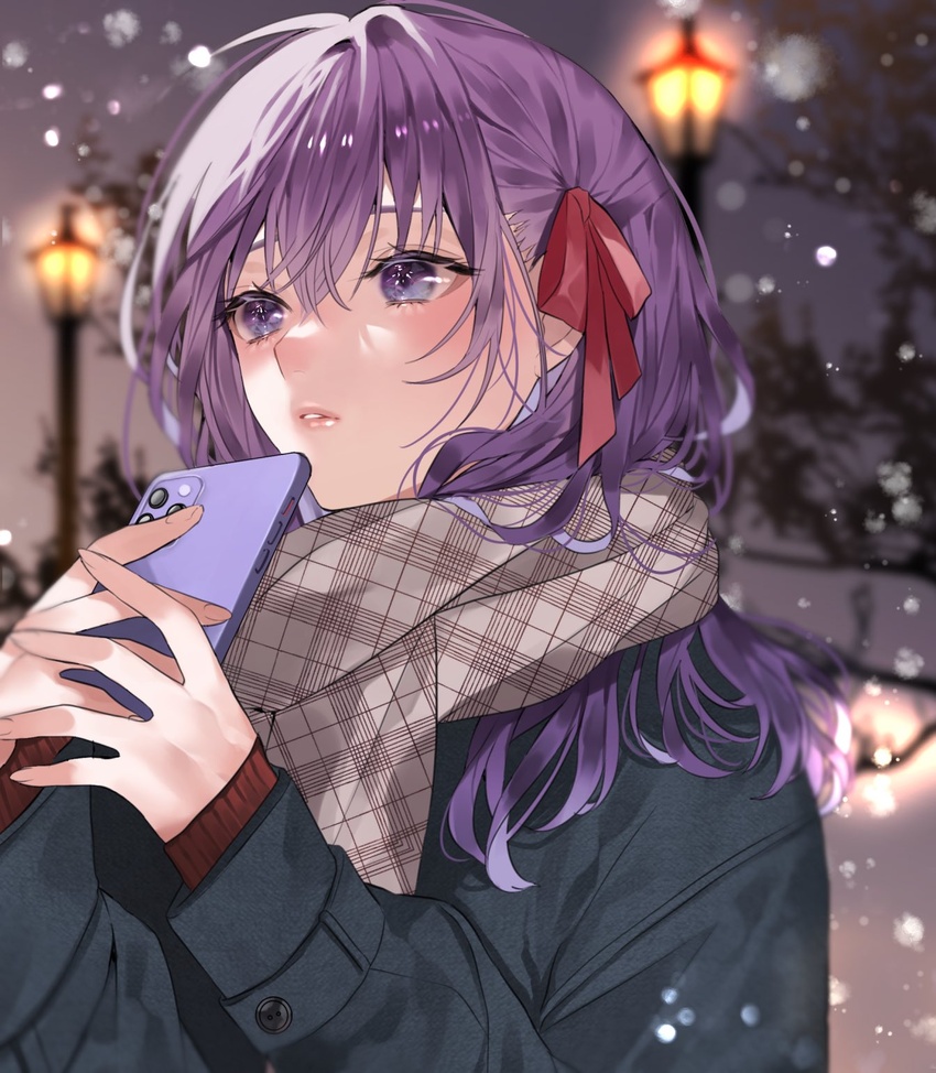 black_jacket blurry blurry_background brown_scarf cellphone enpera fate/stay_night fate_(series) female from_side hair_between_eyes hair_ribbon highres holding holding_phone jacket lamppost long_hair long_sleeves matou_sakura night outdoors parted_lips phone plaid plaid_scarf purple_hair red_ribbon red_sweater ribbon scarf shimatori_(sanyyyy) snow snowing solo sweater upper_body winter