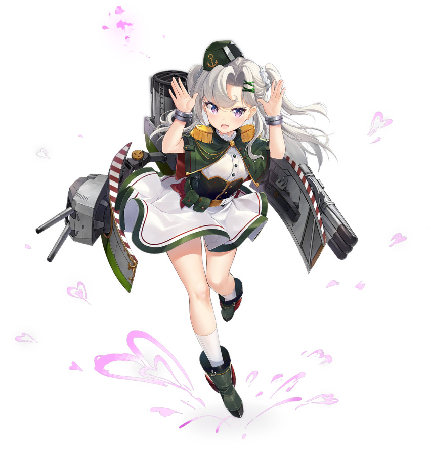 anchor_symbol azur_lane belt boots bow buttons capelet dango_remi dress epaulettes female full_body green_capelet green_dress green_footwear green_headwear hair_ornament heart highres looking_at_viewer official_art purple_eyes sleeveless socks solo transparent_background turret two-tone_dress vincenzo_gioberti_(azur_lane) white_hair x_hair_ornament