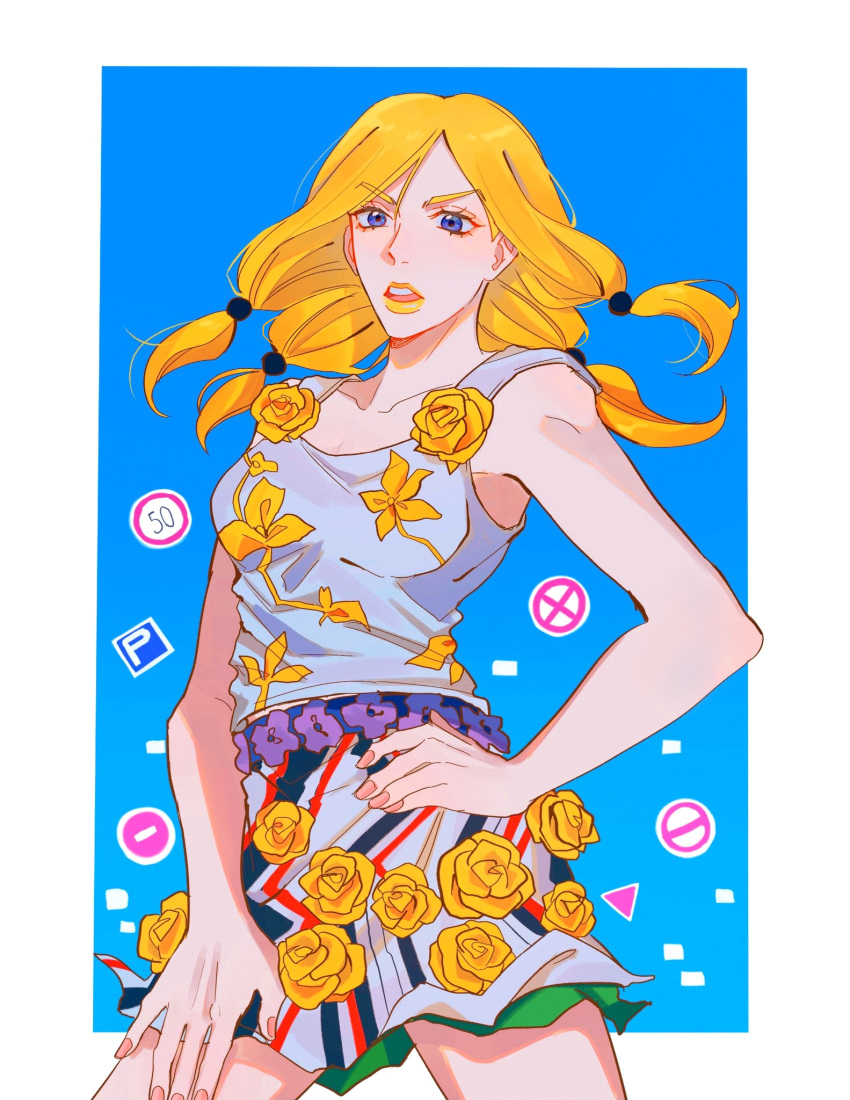 alternate_color alternate_hair_color blonde_hair blue_eyes breasts collarbone commentary english_commentary female flower flower_skirt hair_bobbles hair_ornament hand_on_own_hip highres hirose_yasuho jojo_no_kimyou_na_bouken jojolion long_hair medium_breasts oratoza pink_nails shirt skirt solo v-shaped_eyebrows yellow_lips