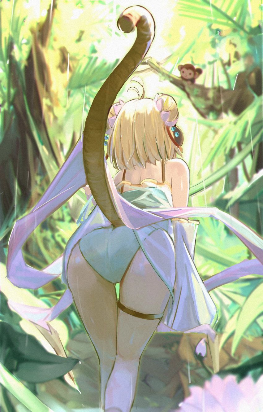 absurdres andira_(granblue_fantasy) andira_(summer)_(granblue_fantasy) antenna_hair ass bare_shoulders bent_over blonde_hair blue_one-piece_swimsuit detached_sleeves double_bun facing_away feet_out_of_frame female forest from_behind granblue_fantasy hair_bun highres long_sleeves medium_hair monkey monkey_tail nature official_alternate_costume one-piece_swimsuit shiro_wa_(shiroshironix) solo swimsuit tail thigh_gap thigh_strap