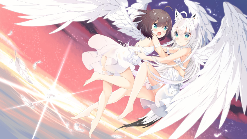 2girls absurdres alternate_costume angel_wings animal_ear_fluff animal_ears ass bare_legs barefoot brown_hair commentary_request dutch_angle feathered_wings feathers fox_ears fox_girl fox_tail green_eyes hair_between_eyes highres hololive horizon long_hair lr_(last_remote_514) multiple_girls natsuiro_matsuri ocean see-through shirakami_fubuki sky sunset tail very_long_hair virtual_youtuber water white_feathers white_hair white_wings wings