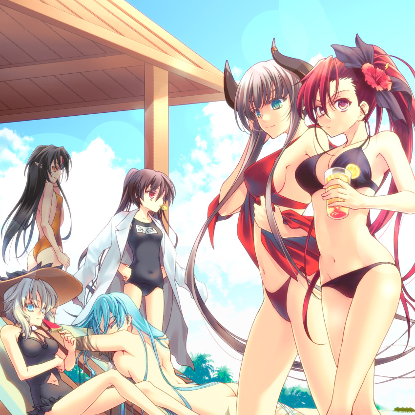 6+girls am_isuel ass backless_swimsuit bare_legs bikini black_bikini black_bow black_hair black_one-piece_swimsuit blue_eyes blue_hair blue_sky bow breasts brown_eyes brown_hair casual_one-piece_swimsuit character_name character_request closed_eyes closed_mouth clothing_cutout collarbone completely_nude cup day flower food grey_hair hair_flower hair_ornament hairbow hands_on_own_hips hat hibiscus highres holding holding_cup horns hunty_kalar jill_(rance_series) kalar_(race) la_hawzel lab_coat large_breasts long_hair lying midriff multiple_girls name_tag navel navel_cutout nude on_stomach one-piece_swimsuit outdoors pointy_ears ponytail popsicle rance_(series) rance_10 red_bikini red_eyes red_flower red_hair satella school_swimsuit sideboob sky smile stomach straw_hat summer sun_hat swimsuit twintails untied_bikini very_long_hair watermelon_bar yellow_eyes yellow_one-piece_swimsuit yisorock