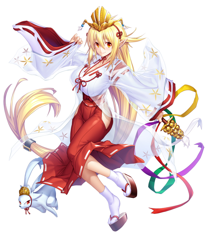 absurd_res asahi asian_clothing big_breasts blonde_hair blush bottomwear breasts clothing crown digital_media_(artwork) duo east_asian_clothing elf female feral footwear hair headgear hi_res huge_breasts humanoid humanoid_pointy_ears japanese_clothing lagomorph leporid light_body light_skin lilith_abel_bindernagel_(taimanin_asagi) long_hair mammal miko_outfit rabbit red_bottomwear red_clothing red_skirt sandals shrine_maiden skirt socks taimanin_(series) white_sleeves yellow_eyes