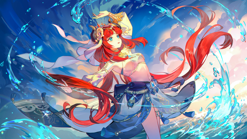 absurdres aqua_eyes aqua_nails arm_up blue_gemstone blue_skirt blunt_bangs breasts circlet cloud commentary_request cowboy_shot crop_top fake_horns female gem genshin_impact guaisanmu harem_outfit highres horns long_hair long_sleeves medium_breasts midriff nilou_(genshin_impact) open_mouth outdoors red_hair skirt smile solo tassel thighlet very_long_hair wading water white_veil