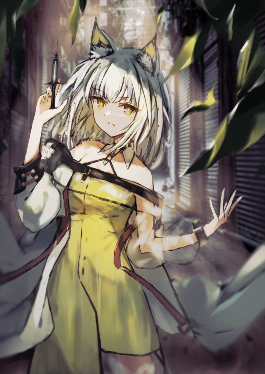 absurdres animal_ear_fluff animal_ears arknights bare_shoulders black_choker cat_ears cat_girl choker collarbone commentary_request dress female green_dress green_eyes green_hair highres holding holding_syringe k_futoshi_0n0 kal'tsit_(arknights) long_hair material_growth off_shoulder oripathy_lesion_(arknights) see-through solo syringe