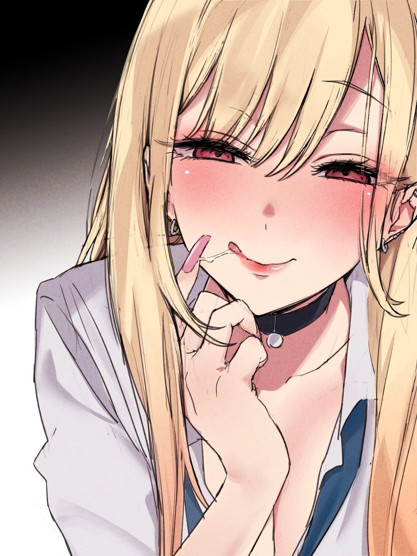 black_choker black_collar blonde_hair blue_necktie breasts choker collar cum cum_in_mouth cum_string ear_piercing fake_nails female gradient_background gradient_hair gyaru heart highres kitagawa_marin licking_lips long_hair looking_at_viewer medium_breasts mizuta_marixxx multicolored_hair nail_polish naughty_face necktie piercing portrait red_eyes school_uniform shirt solo sono_bisque_doll_wa_koi_wo_suru sweatdrop swept_bangs tongue tongue_out white_shirt