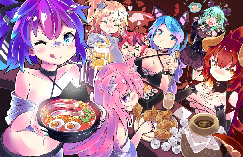 >_< 6+girls ;p ^_^ ^o^ absurdres ahoge alcohol animal_ears apricot_the_lich apricot_the_lich_(1st_costume) bacon bandaid bandaid_on_face bandaid_on_nose bare_shoulders beer beer_mug black_gloves blonde_hair blue_eyes blue_hair blue_nails blush bowl bracelet breasts bridal_gauntlets buckle cat_ears cat_girl choker choko_(cup) cleavage closed_eyes collarbone commentary commission crop_top cross-laced_clothes cross-laced_top cup demon_girl demon_horns detached_collar dragon_girl dragon_horns dragon_tail eating egg_(food) english_commentary everyone food food_in_mouth gloves gradient_hair green_hair hair_between_eyes hair_ornament hand_on_another's_head hardboiled_egg headphones heart heart_ahoge heart_choker heart_hair_ornament highres hime_hajime hime_hajime_(1st_costume) holding holding_bowl holding_cup holding_food horns huge_breasts ironmouse jewelry jitome jug_(bottle) large_breasts long_hair looking_at_viewer looking_back medium_breasts medium_hair melody_(projektmelody) miniskirt mug multicolored_hair multiple_girls nail_polish navel noodles nori_(seaweed) nyatasha_nyanners nyatasha_nyanners_(1st_costume) oerba_yun_fang off-shoulder_shirt off_shoulder one_eye_closed orange_eyes phibonnachee pink_hair plate ponytail pout power_symbol purple_eyes purple_hair purple_horns purple_nails ramen red_hair ring saucer screw_hair_ornament see-through shirt side_ponytail sidelocks signature silvervale silvervale_(1st_costume) sitting skin_fang skirt smile spiked_bracelet spikes standing sushi table tail taiyaki teabag teacup thigh_strap tiara tongue tongue_out turtleneck two-tone_hair virtual_youtuber vshojo wagashi zentreya zentreya_(dragon)