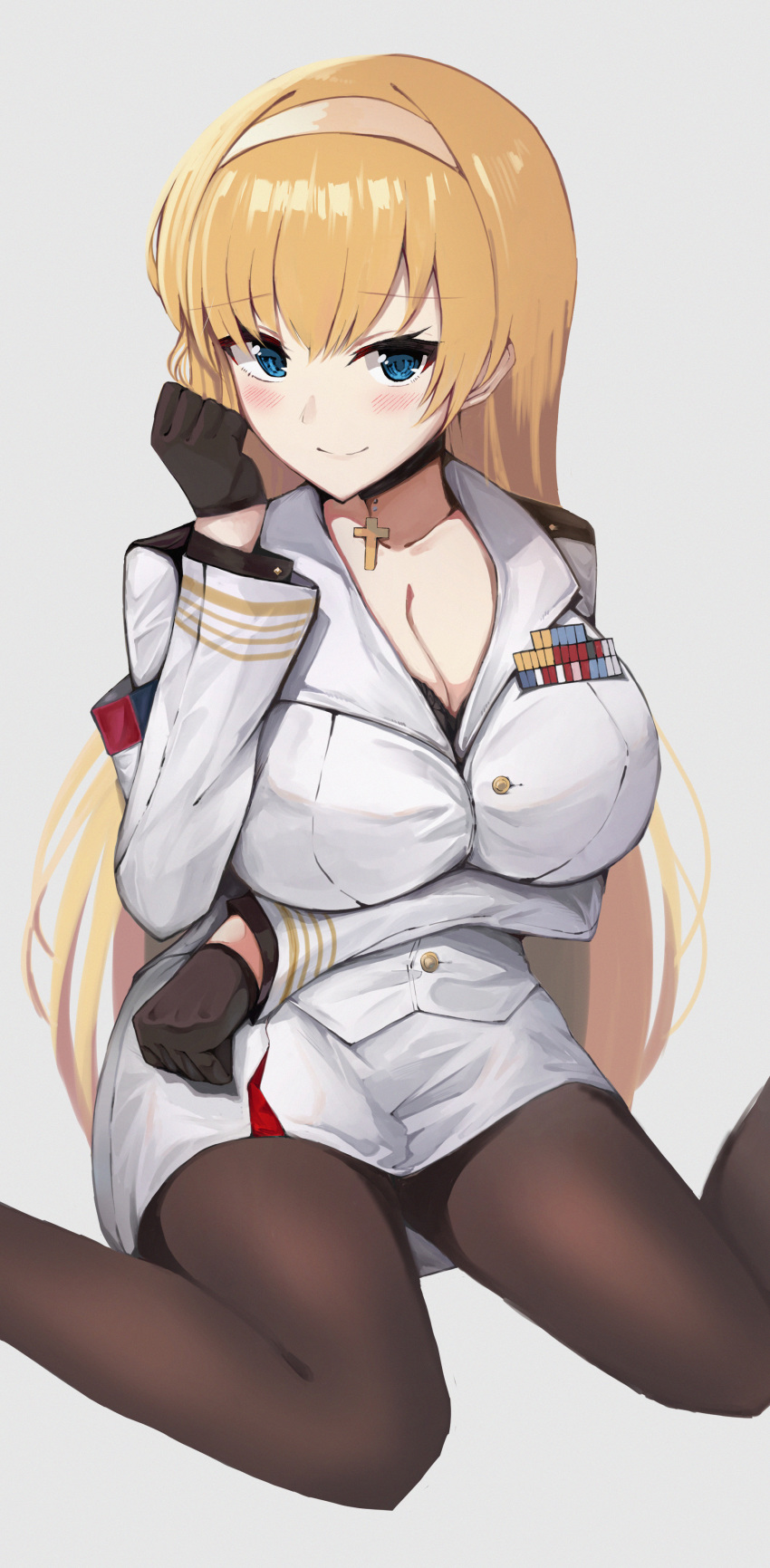 absurdres arm_under_breasts armband azur_lane black_gloves black_legwear blonde_hair blue_eyes blush breasts choker cleavage commentary cross cross_choker female gloves grey_background hairband highres large_breasts long_hair looking_at_viewer military military_uniform misonikomi north_carolina_(azur_lane) photoshop_(medium) sitting smile solo uniform wariza