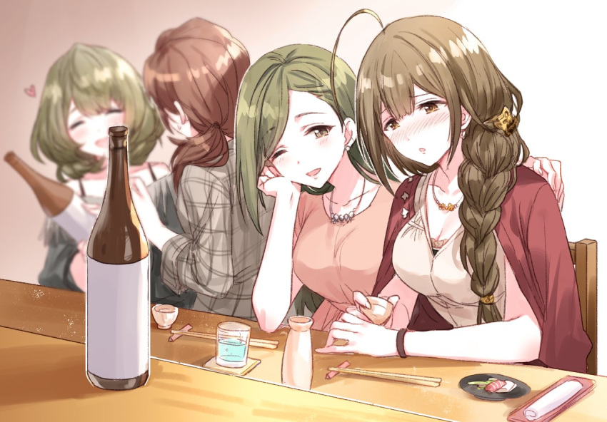 4girls alcohol bad_id bad_twitter_id blunt_bangs blurry blurry_background blush bottle bracelet braid breasts brown_eyes chopsticks cleavage cloak closed_eyes collarbone commentary cup drunk earrings green_hair hair_between_eyes hair_ornament hand_on_another's_shoulder heart idolmaster idolmaster_cinderella_girls idolmaster_shiny_colors jacket jewelry kawashima_mizuki kuwayama_chiyuki multiple_girls nanakusa_hazuki necklace open_mouth plaid plaid_jacket purple_eyes romi_(346_ura) sake sake_bottle side_braid takagaki_kaede tokkuri yuri