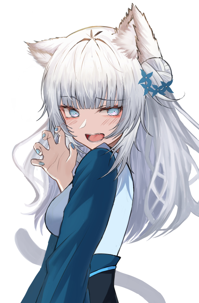 absurdres animal_ear_fluff animal_ears blue_eyes blue_flower blue_nails blush breasts cat_ears cat_tail chinese_clothes claw_pose commentary commission commissioner_upload english_commentary female flower hair_bun hair_flower hair_ornament hand_up highres indie_virtual_youtuber kei8987 long_hair long_sleeves looking_at_viewer looking_back medium_breasts nail_polish oerba_yun_fang open_mouth sash shei_(vtuber) simple_background single_hair_bun skeb_commission solo tail teeth tsurime virtual_youtuber white_background white_hair