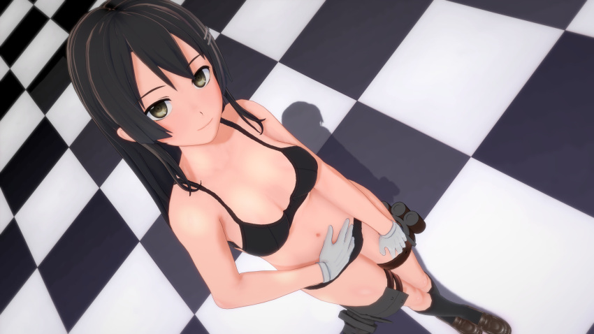 3d black_hair black_socks bra breasts checkered_floor copyright_request crossed_bangs female from_above gloves hair_ornament hairclip highres kantai_collection kneehighs koikatsu_(medium) loafers long_hair looking_at_viewer oyashio_(kancolle) panties shadow shoes small_breasts socks solo thigh_strap tile_floor tiles underwear user_ztxa5254 yellow_eyes