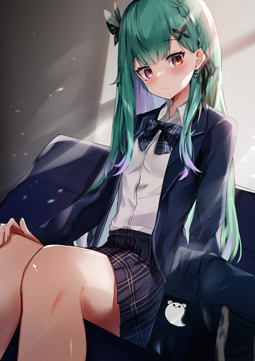 absurdres bad_id bad_pixiv_id bag bag_charm black_jacket black_necktie black_skirt blush braid butterfly_hair_ornament charm_(object) closed_mouth collared_shirt commentary female gradient_hair green_hair hair_ornament hand_on_own_knee highres hololive jacket legs_together long_hair looking_at_viewer multicolored_hair nanashinayuzu_mochi necktie official_alternate_costume official_alternate_hair_color pink_hair plaid plaid_skirt pleated_skirt red_eyes school_bag school_uniform shirt sidelocks sitting skirt solo uniform uruha_rushia uruha_rushia_(school_uniform) virtual_youtuber white_shirt