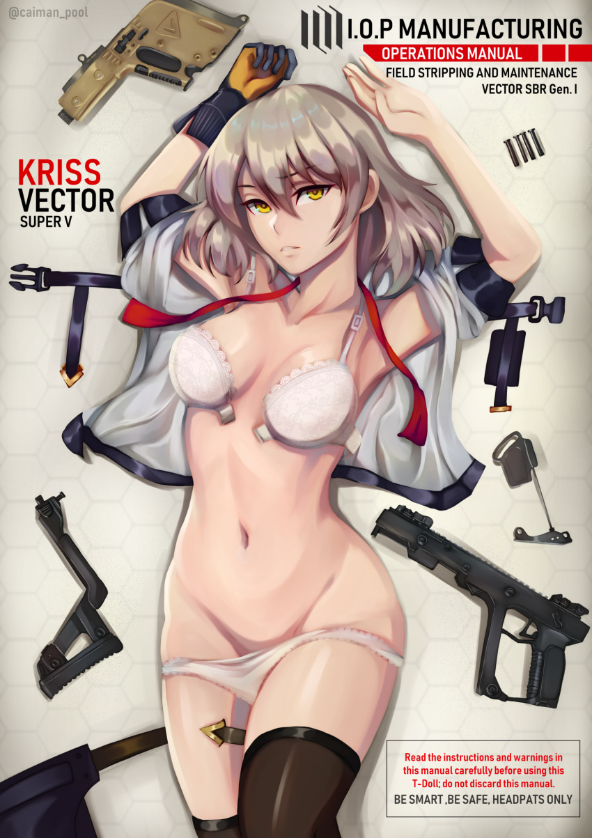 absurdres arms_up artist_name black_thighhighs bra breasts caiman_pool character_name collarbone disassembly english_text female girls'_frontline gloves grey_hair gun handgun highres kriss_vector looking_at_viewer medium_breasts navel open_bra open_clothes open_shirt panties panty_pull shirt short_hair simple_background single_glove solo stomach submachine_gun thighhighs thighs underwear vector_(girls'_frontline) weapon white_bra white_panties yellow_eyes