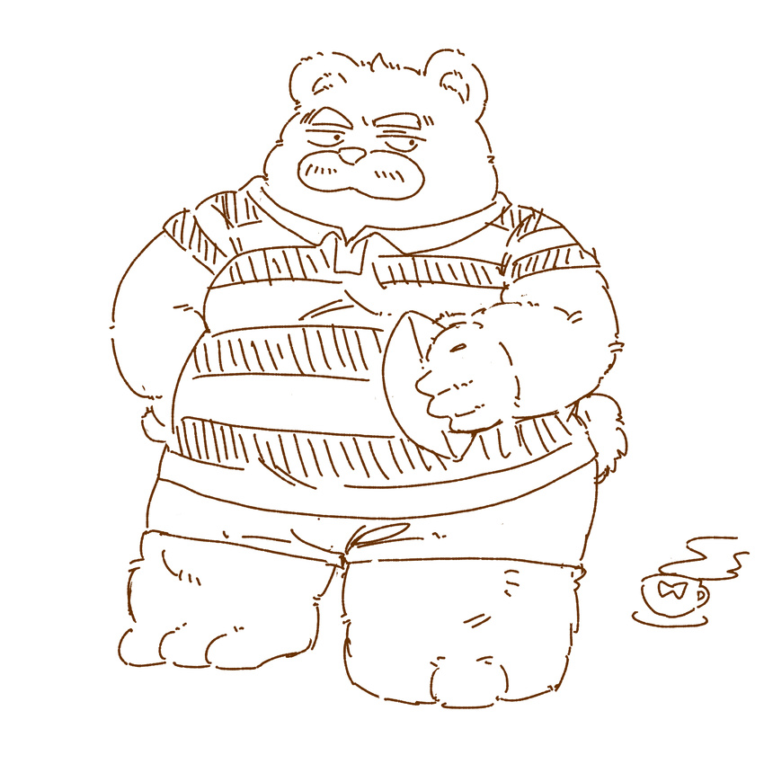 1:1 2022 anthro ball bear bottomwear clothing container cup hi_res kemono kumalino male mammal monochrome nishiorkita overweight overweight_male roast_(kumalino) rugby rugby_ball rugby_uniform sanrio shirt shorts solo topwear