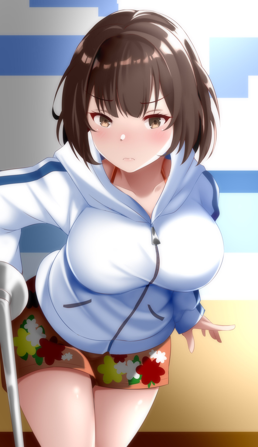 absurdres blush breasts brown_eyes brown_hair character_request commission female floral_print highres hood hood_down hooded_jacket impossible_clothes indoors jacket kagaku_sentai_dynaman large_breasts leaning_forward male_swimwear pandacross pixiv_commission solo standing super_sentai swim_trunks swimsuit tachibana_rei_(dynaman) white_jacket zipper