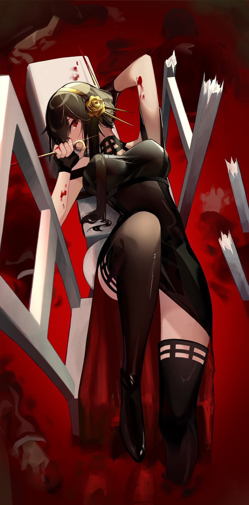 absurdres bad_id bad_pixiv_id black_dress black_hair black_thighhighs blood blood_on_hands boots breasts broken_furniture chair commentary dagger dress female full_body highres holding holding_weapon kanzakimitoto knife large_breasts long_hair looking_at_viewer lying on_back solo spy_x_family stiletto_(weapon) thigh_boots thighhighs weapon wooden_chair yor_briar