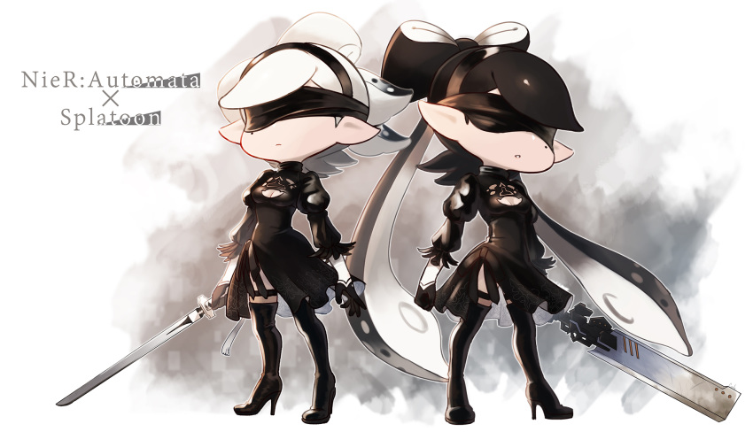 2b_(nier:automata) 2b_(nier:automata)_(cosplay) 2girls artist_name black_dress black_footwear black_gloves black_hair black_hairband blindfold boots breasts callie_(splatoon) cleavage_cutout closed_mouth clothing_cutout commentary copyright_name cosplay coula_cat cousins covered_eyes dress facing_viewer gloves gradient_hair grey_hair hairband high_heel_boots high_heels highres holding holding_sword holding_weapon inkling light_frown long_hair long_sleeves marie_(splatoon) medium_breasts medium_dress medium_hair mole mole_under_eye multicolored_hair multiple_girls nier:automata nier_(series) parted_lips pointy_ears side-by-side side_slit signature smoke splatoon_(series) standing sword tentacle_hair thigh_boots thigh_strap thighhighs tied_hair very_long_hair weapon white_background white_hair