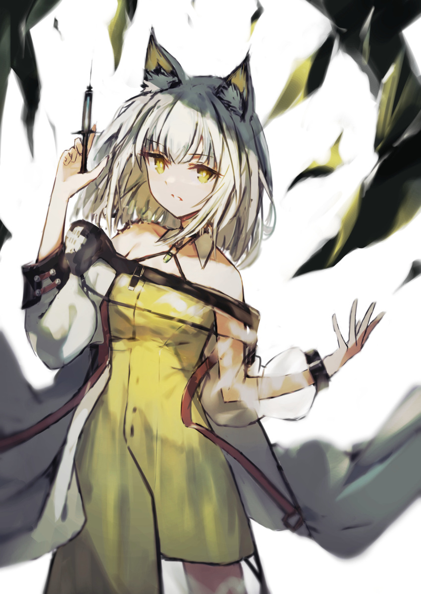 animal_ear_fluff animal_ears arknights bare_shoulders black_choker cat_ears cat_girl choker collarbone commentary_request dress female green_dress green_eyes green_hair highres holding holding_syringe k_futoshi_0n0 kal'tsit_(arknights) long_hair material_growth off_shoulder oripathy_lesion_(arknights) see-through solo syringe white_background