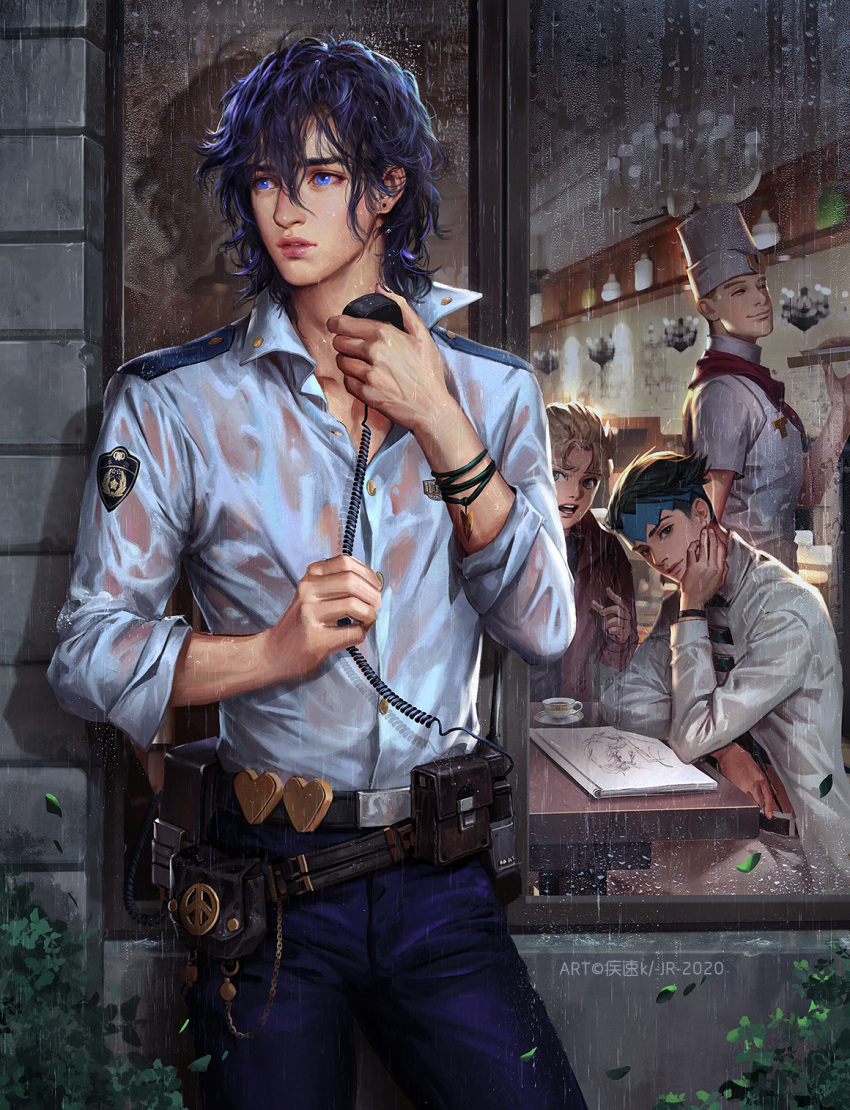 4boys :o alternate_hairstyle artist_name belt black_hair blue_eyes blue_headband chef chef_hat closed_eyes cup dated denim diamond_wa_kudakenai earrings hair_down hat headband higashikata_josuke highres hirose_koichi holster jewelry jojo_no_kimyou_na_bouken kdash kishibe_rohan male_focus multiple_boys police police_uniform rain sitting sketchbook standing teacup tonio_trussardi uniform walkie-talkie wet window