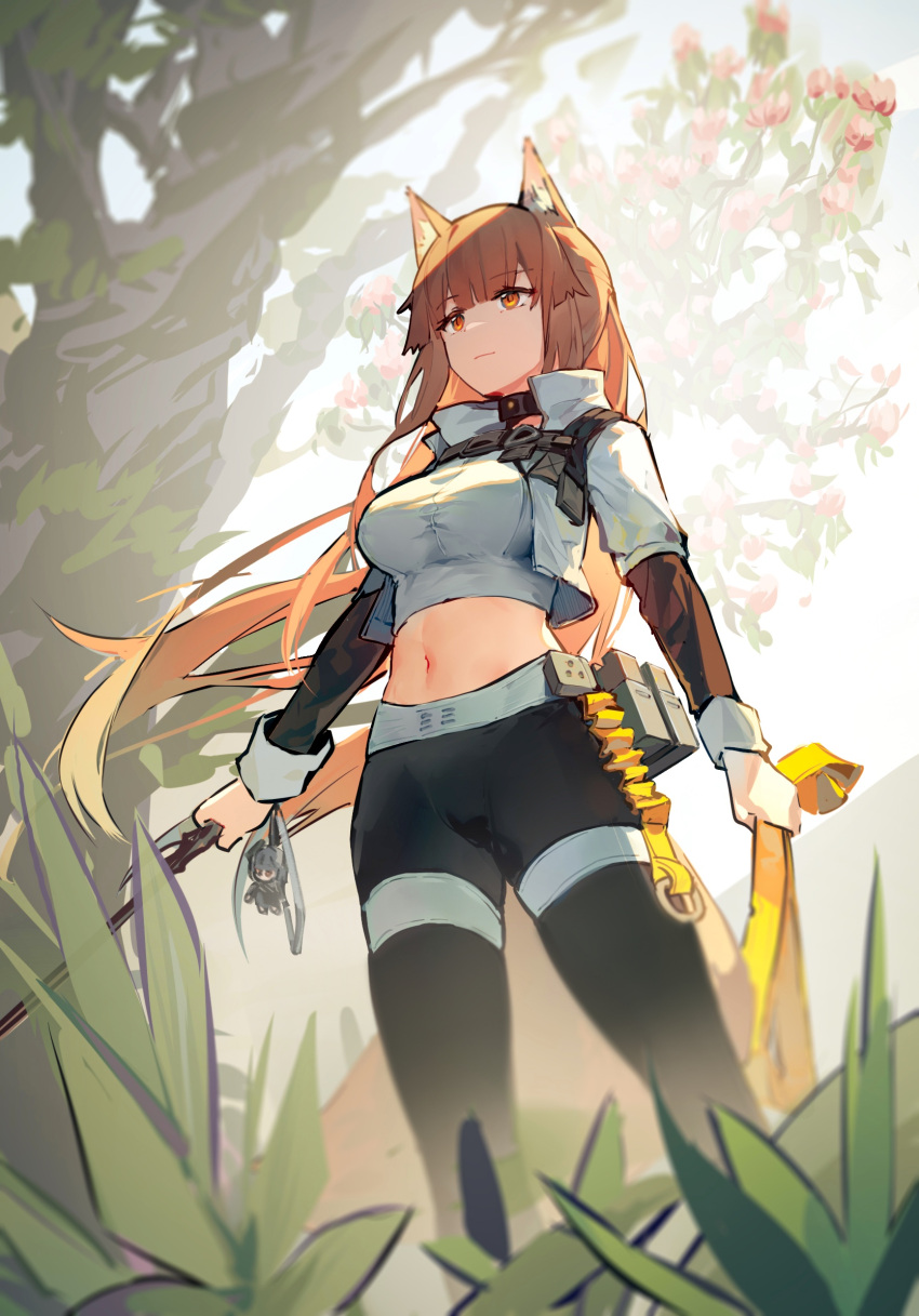 animal_ears arknights black_pants breasts brown_eyes brown_hair charm_(object) commentary_request crop_top cropped_jacket female flower fox_ears franka_(arknights) franka_(rainforest_me_rainbow)_(arknights) grey_shirt highres holding jacket leggings liskarm_(arknights) long_hair long_sleeves medium_breasts midriff navel official_alternate_costume open_clothes open_jacket outdoors pants pink_flower rockyroo shirt solo standing stomach thighs tree very_long_hair