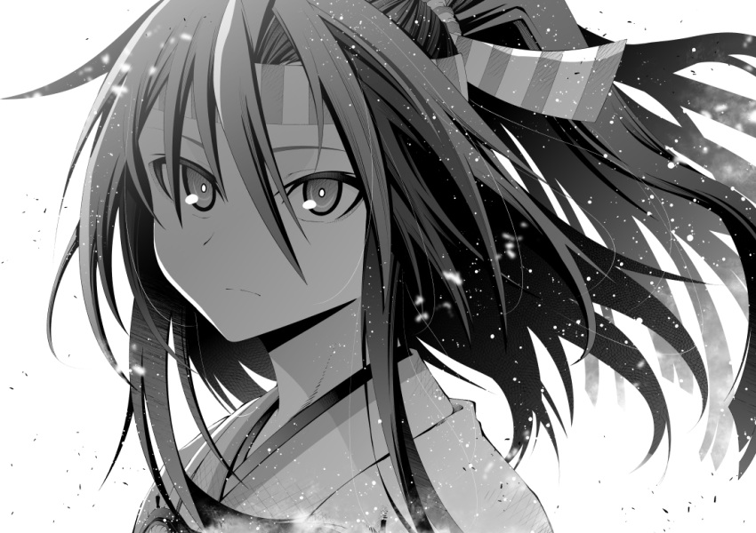 akane_harurou close-up female greyscale hachimaki headband high_ponytail japanese_clothes kantai_collection long_hair monochrome muneate sidelocks solo zuihou_(kancolle)