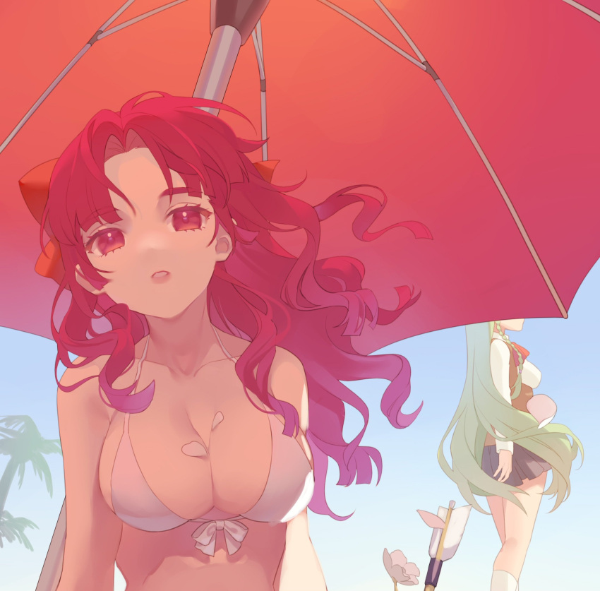 2girls arrow_(projectile) bad_id bad_twitter_id bikini blue_sky braid breasts day floating_hair flower green_hair grey_skirt hair_ribbon highres large_breasts long_hair looking_at_viewer may_(2747513627) multiple_girls neck_ribbon outdoors parted_lips petals pleated_skirt red_eyes red_hair red_ribbon ribbon sayonara_wo_oshiete side_braids skirt sky socks solo_focus sugamo_mutsuki swimsuit ueno_koyori umbrella underbust very_long_hair vest white_bikini white_socks wind